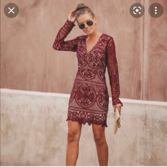 New Vici burgundy red wine long sleeve crochet lace cocktail mini dress size S - Picture 10 of 10